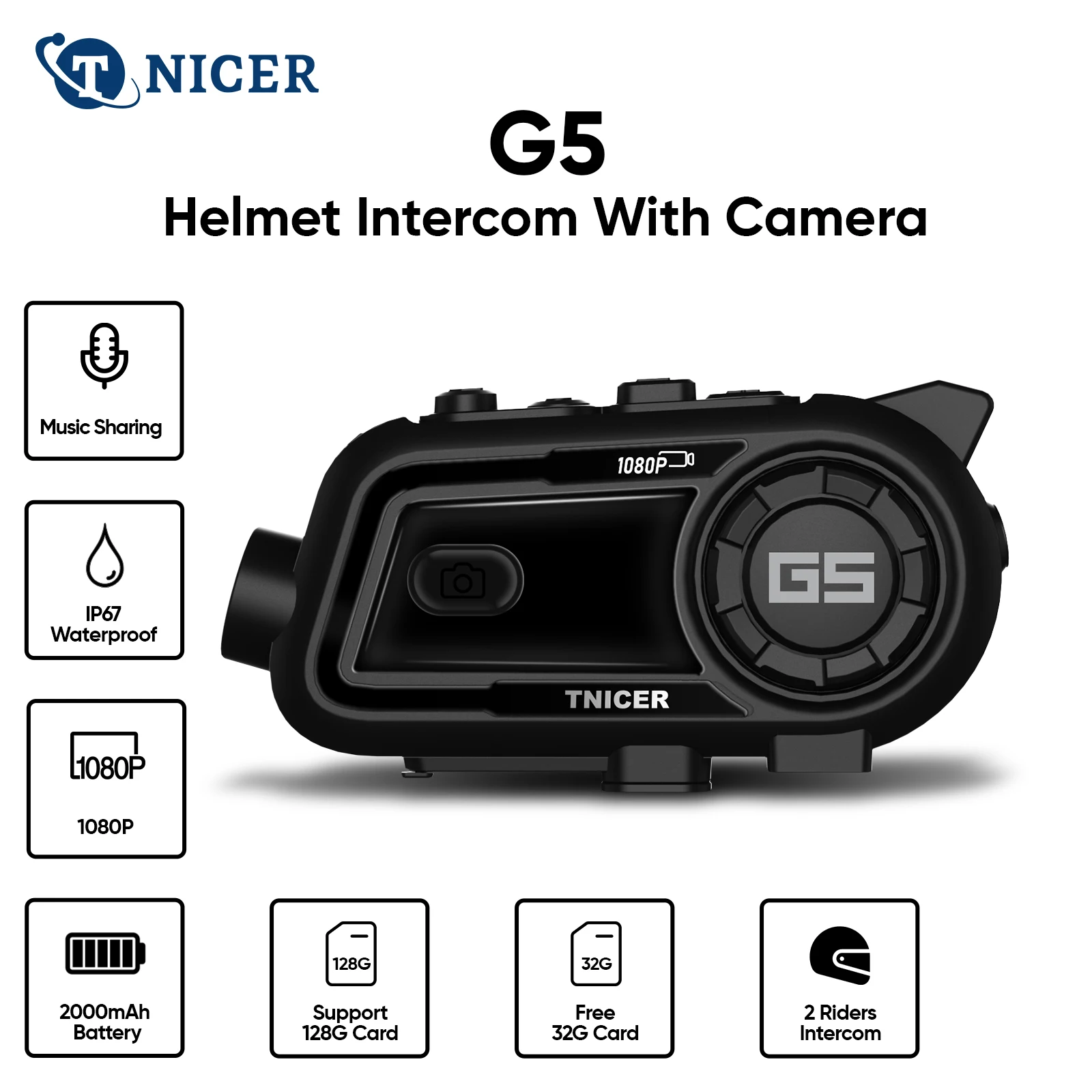 TNICER G5/G5Pro Comunicador de Capacete de Moto, Bluetooth Connectivity, with 1080P/2K Camera, 2000mAh Battery