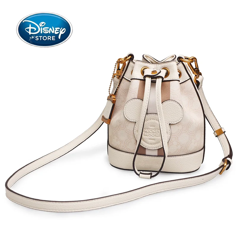 New Disney Retro Pattern Women High-End Bucket Bag Mickey Mouse Leather Printed Shoulder Storage Bag Brand Handbag Crossbody Bag