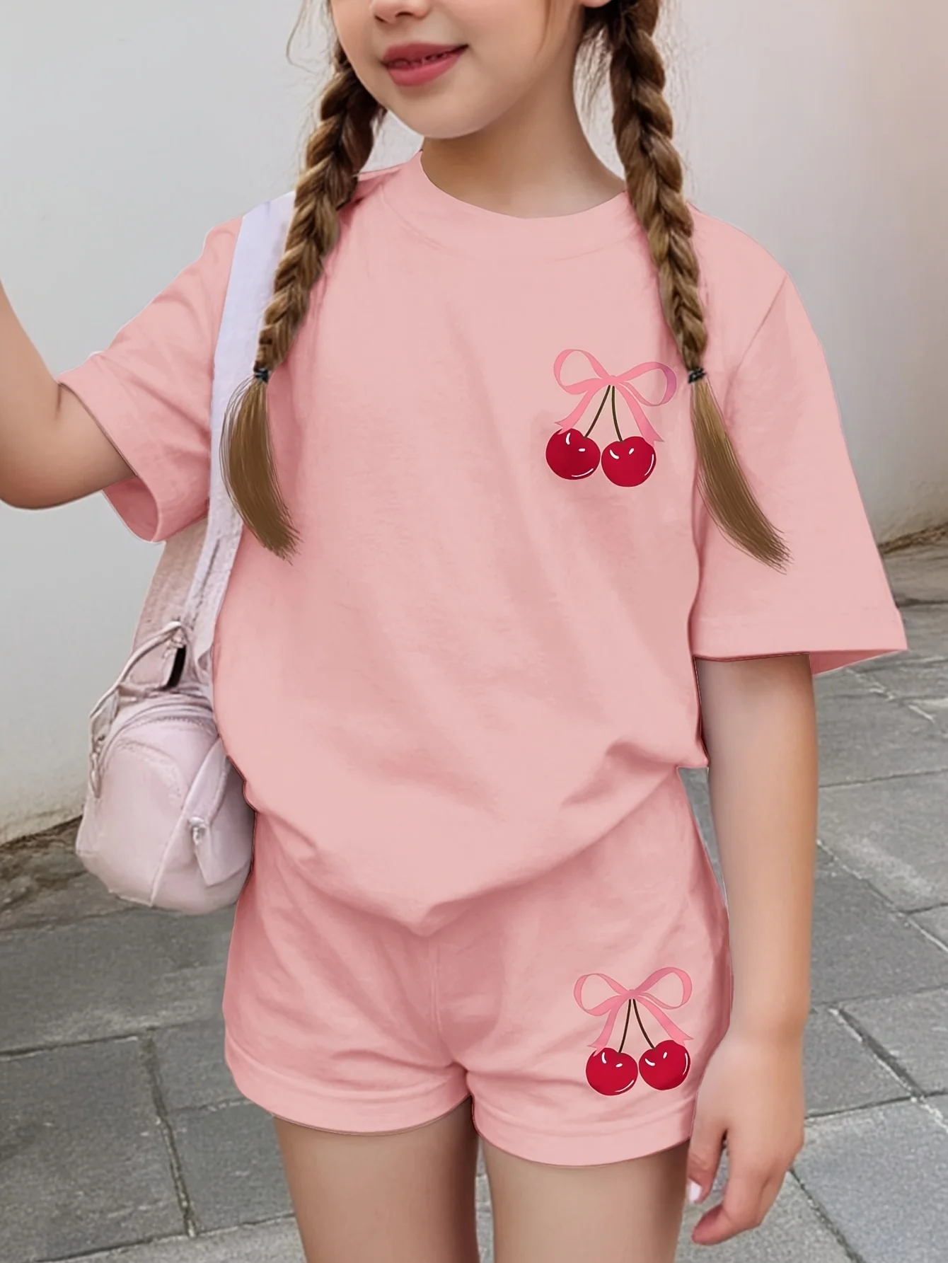 All-Pink Cherry Bow Set - Soft Sweet Girls’ Vitality Girl-Style Daily Summer Outfit