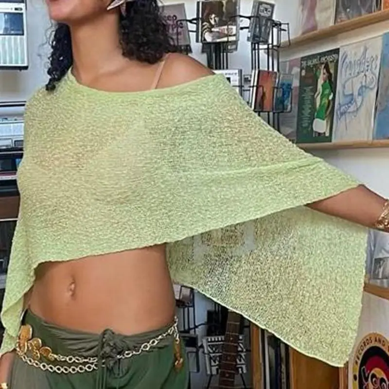 

Women Knitwear Bikini Cover-up See-through Solid Off Shoulder Irregular Triangle Hem Loose Pullover Summer Beach Tops cover up