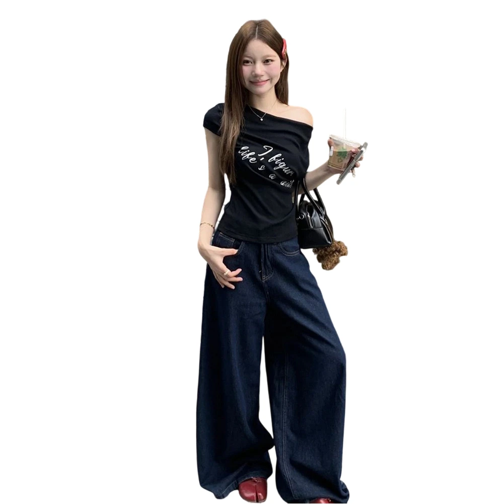 for y2k Themed Events for y2k Crop Top Slash Neck Blouse for y2k Off Shoulder Letter Printed Design 10 Spandex Stretch