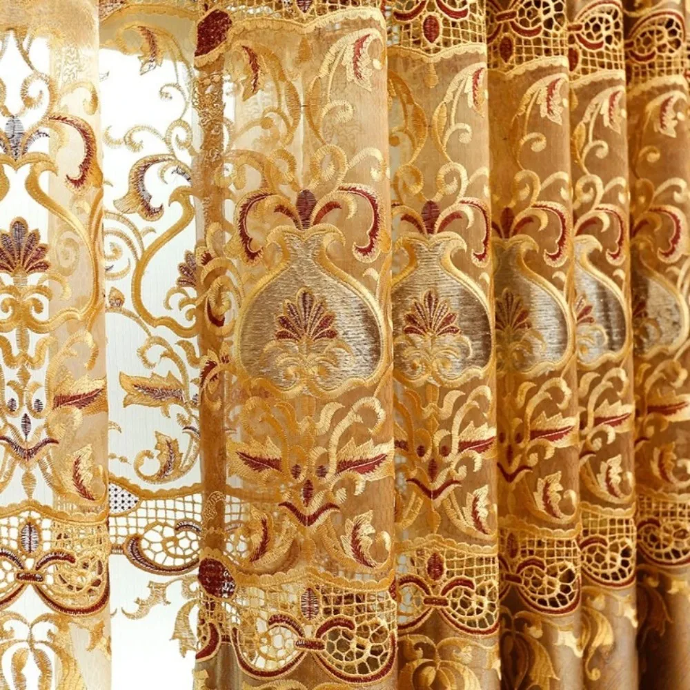 Golden Luxury Jacquard Hollow Lace European Style Living Room Bedroom Dining Room Embroidery Curtain Embroidery Tulle Custom