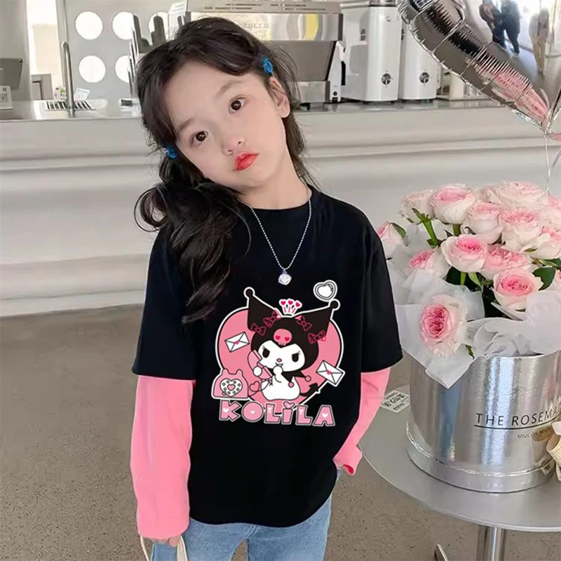 

Kuromi Girly Heart Kawaii Anime Sanrio Cotton T-Shirt Clothing Cute Cartoon Loose Long-Sleeved Hooded Lovely Gifts for Kids