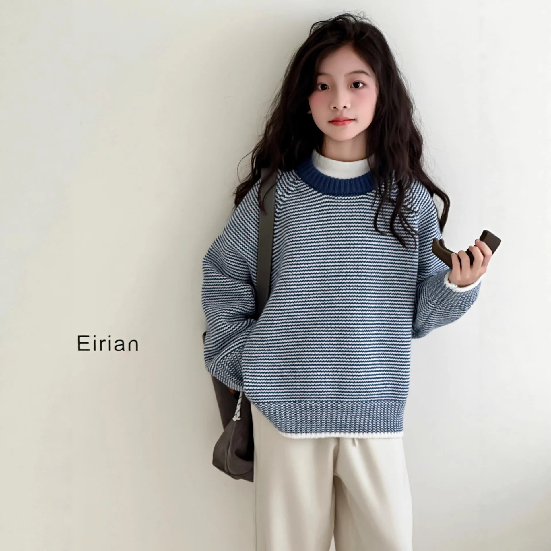 سترة مخططة باللون الأزرق للفتيات في الربيع والخريف والشتاء، سترة علوية كورية جديدة متباينة الألوان #4