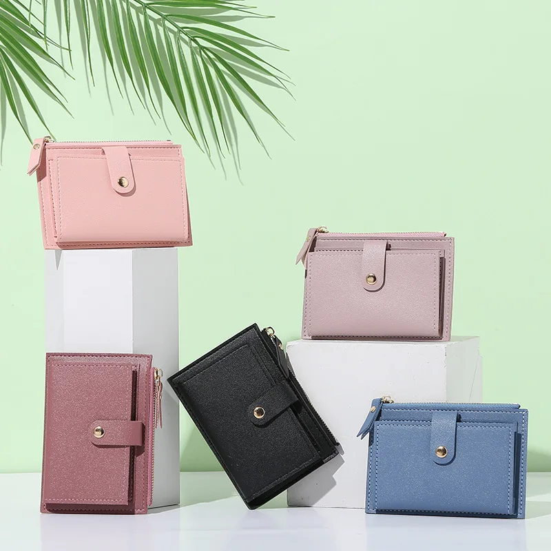 Ladies' Purse Pu Leather Handbag Mini Buckle, Solid Multiple Card Slots Short Ultra-Thin Zipper Buckle
