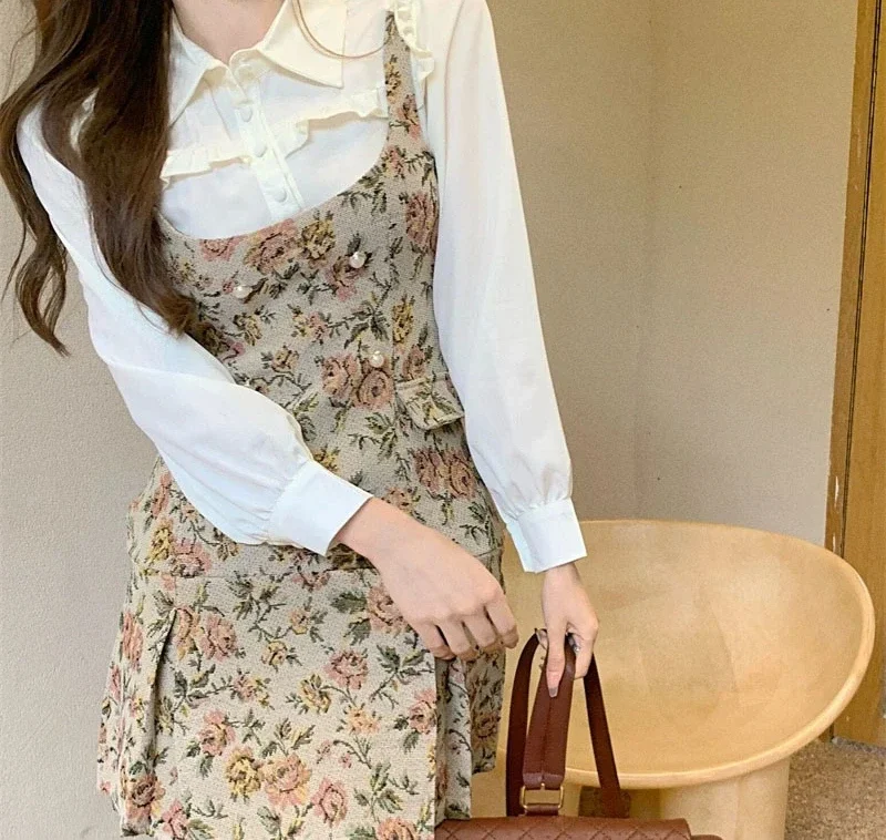 Elegant Vintage Shirt Floral Dress Women Fake Two Piece Patchwork Ruffles Chic Korean Fashion Female Dresses Autumn 2022