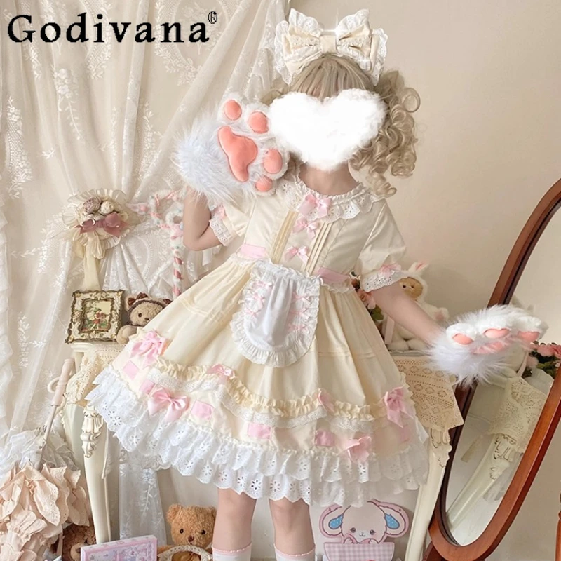 

Original Japanese Soft Girl Kawaii Lolita Short Sleeve Dress OP Women's High Waist Slim Cute Bow Dress Daughter's Birthday Dress