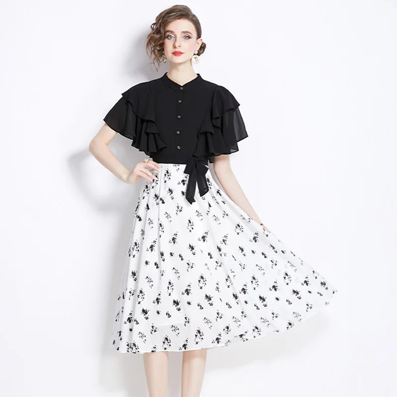 

2024 Fashion Women Chiffon Splicing Flower Print Slim A-Line Dress Female OL Butterfly Sleeve Casual Sashes Dress Vestidos