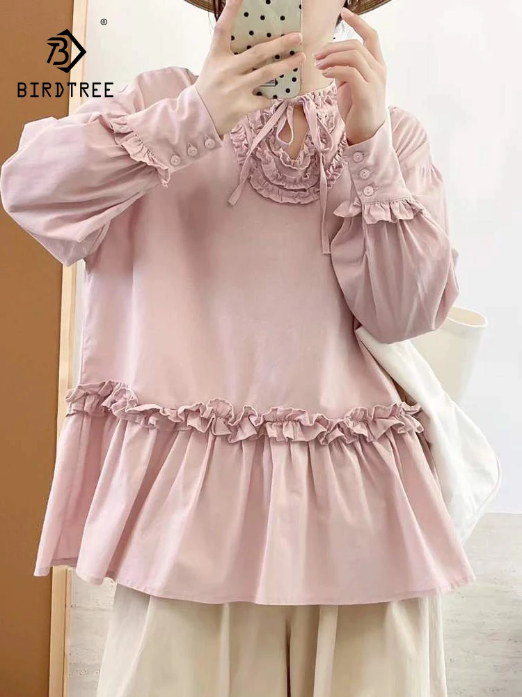 New 2025 Autumn Cotton Long Sleeve Shirt, Women Stand Ruffles Lace-up, Mori Girl French Retro Sweet Loose Doll Blouse T59946CC