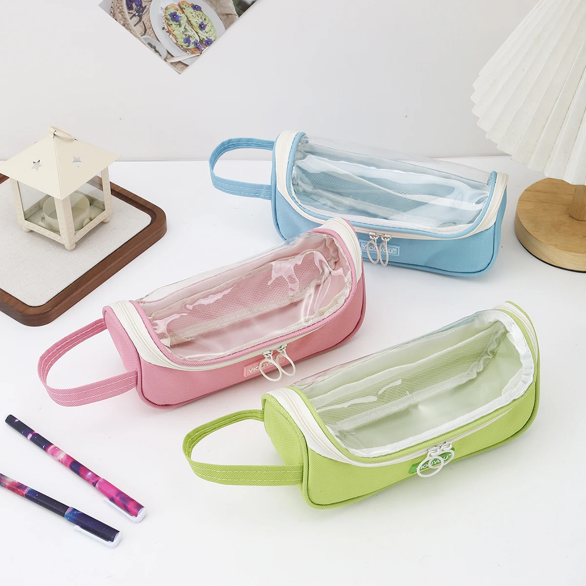 Transparent Window Large Capacity Ring Zipper Pencil Case Desktop and Outdoors Stationery Organizer For Students Back To School