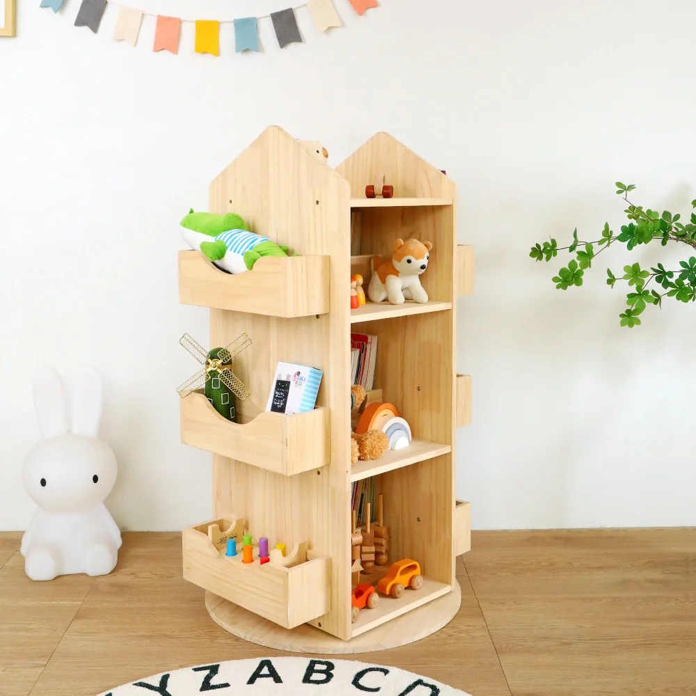 خزانة كتب خشبية للأطفال، رف كتب، أثاث مكتبة الأطفال، رف تخزين كتب دوار بعجلات