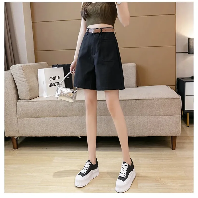 

Summer Female High Waist Workwear Shorts Ladies Casual Straight Leg Pantalons Spring Women Solid Color A-line Wide Leg Trousers