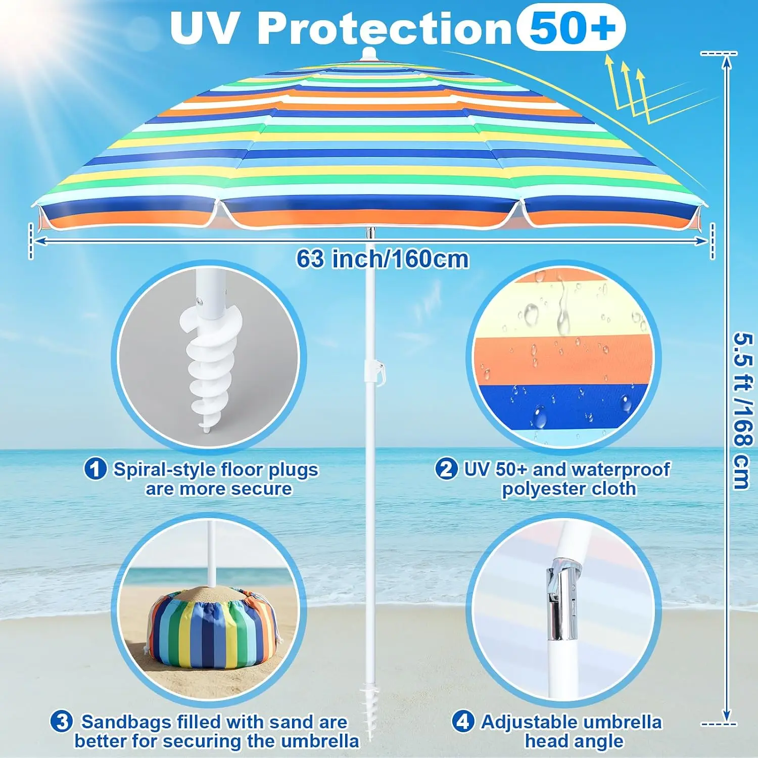 20ft Beach Windscreen Set With 6ft Beach Umbrella UV 50 Wind Blocker Sandbeach Tanning Privacy Screen Kit Sand Anchor Storage Bag Outdoor view 3