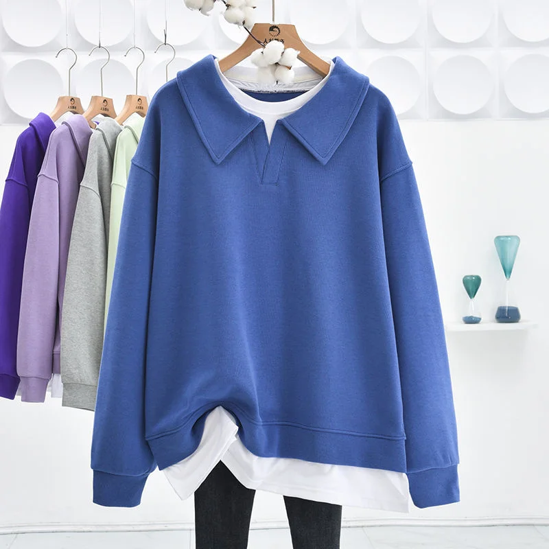 Spring Autumn New Turndown Collar Sweatshirt Women's Fashion Splicing Fake Two piece Medium length Top Korean Version Loose Coat