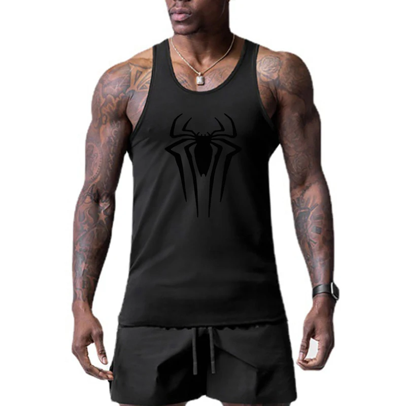Men Casual Fitness Muscle Shirts Spider Print Gym Bodybuilding Sport Vests Summer Mesh Breathable Quick Dry Sleeveless Tank Tops