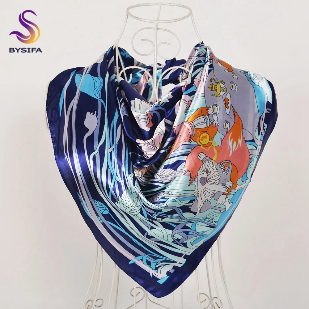 [BYSIFA] Women Grey Purple Square Scarves Wraps New Brand Floral Pattern Silk Scarf Shawl Fashion Female Neck Head Scarf Hijab