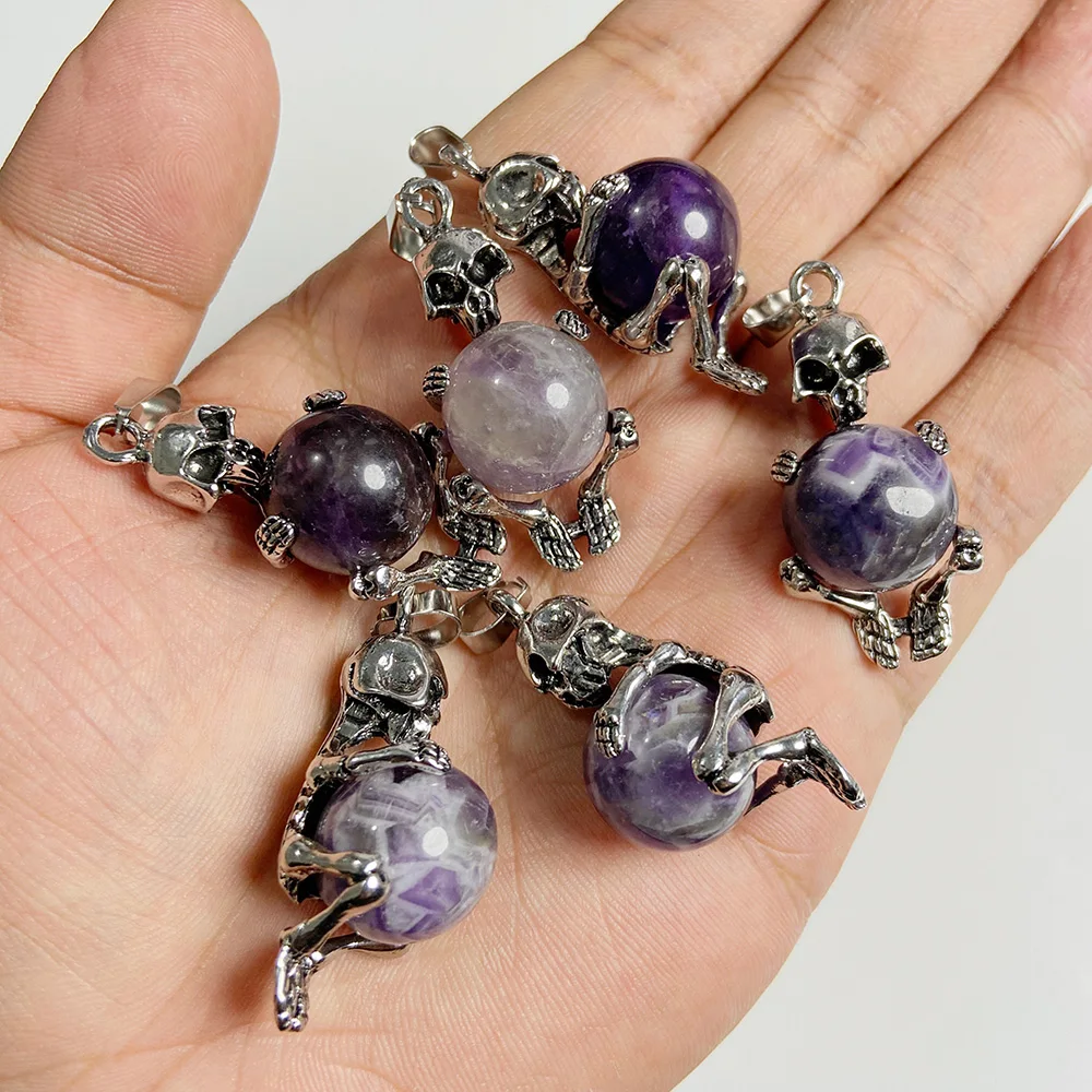 1pc Gothic Retro Skull Shape Demon Inlay Natural Stone Pendant Punk Metal Accessories for Making Necklace