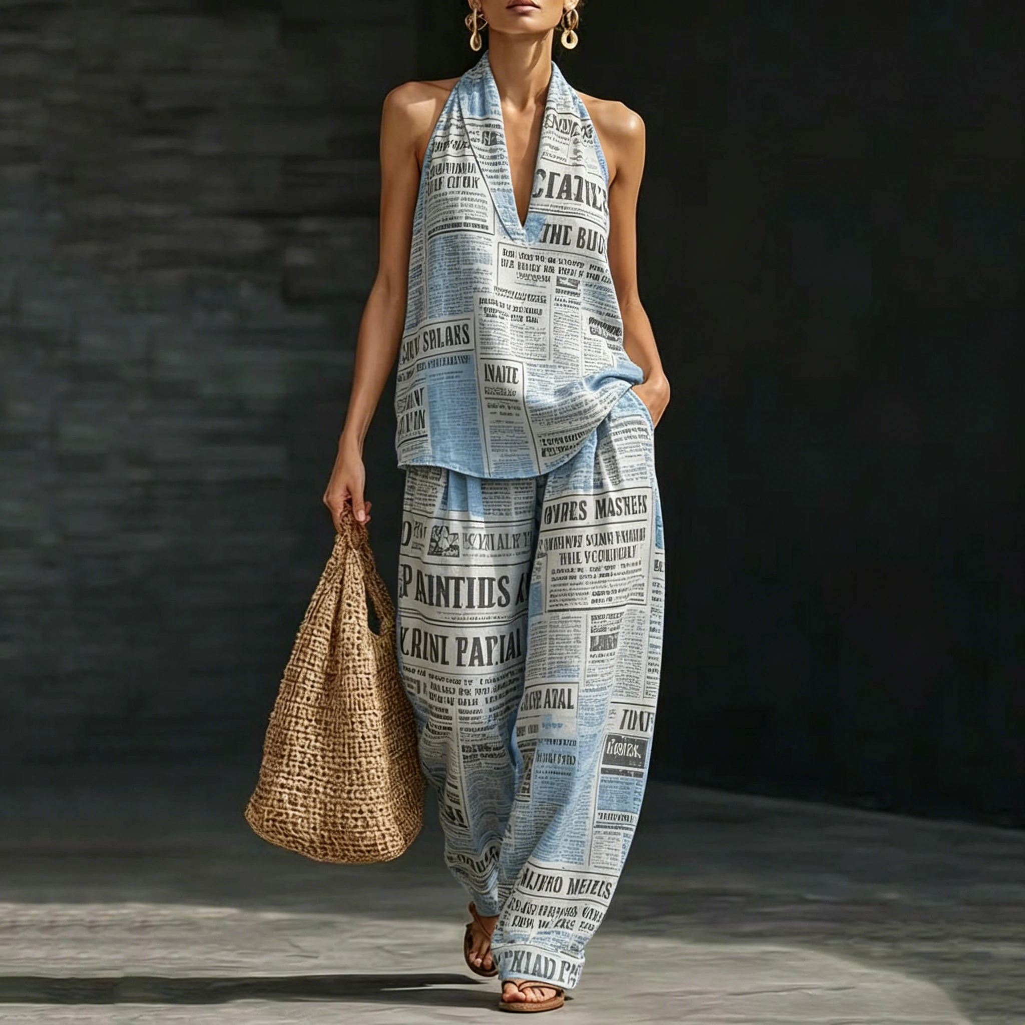 

Newspaper Print Women Two Piece Set Outfits Summer Halter Neck Sleeveless V-Neck Top & Casual Loose Wide Leg Pants Set Outfit