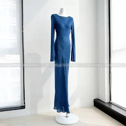 24 Spring and summer new French vintage silk flared sleeve long sleeve Slim temperament vacation style long dresses