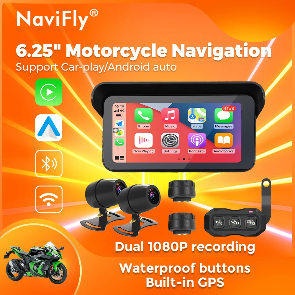 

NaviFly портативный 6,25-дюймовый мотоциклетный навигационный GPS беспроводной CarPlay Android Auto IP67 водонепроницаемый двойной 1080P запись WIFI BT