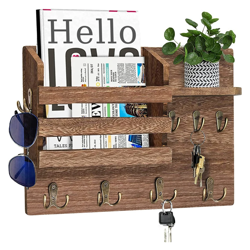 34*22*10cm Mail Holder for Wall Mail Organizer w/ Key Hooks Hallway Farmhouse Decor Letter Sorter Natural Wood w/ Floating Shelf