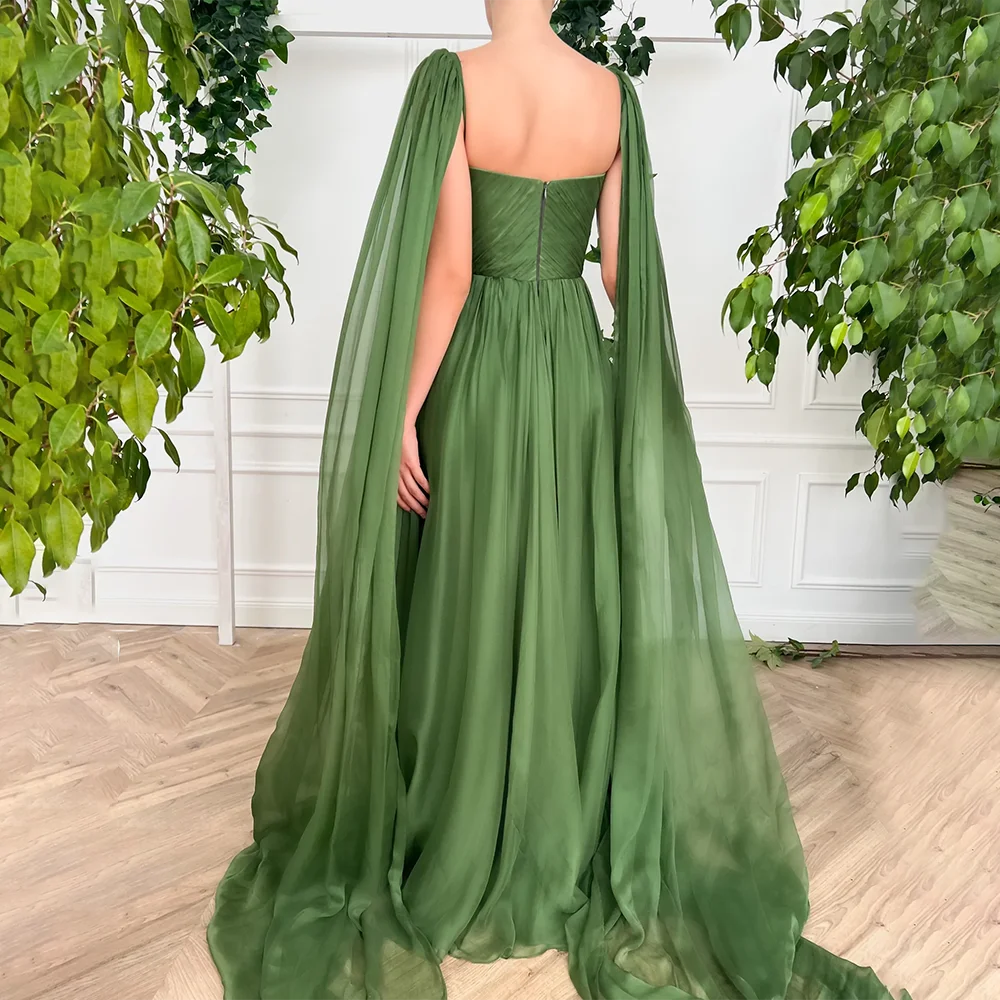 A Line V Neck Chiffon Evening Dress With Chiffon Wings High Split Ruched Top Green Backless Cinched Waist Prom Cocktail Gowns