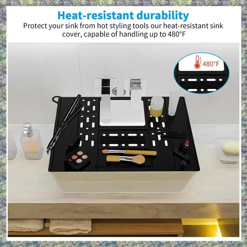 

WON Bathroom Sink Cover For Counter Space Silicone Bathroom Sink Makeup Organizer Mat Resistant Makeup Organizer Pad Black Durab