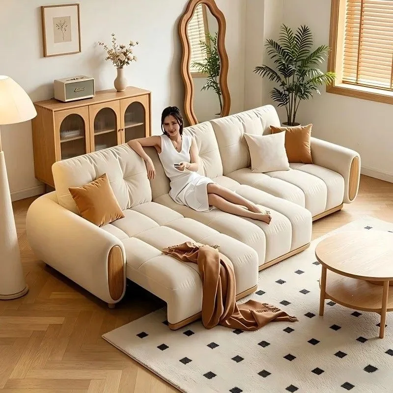 Sofa three-person straight row living room multi-functional retractable fabric log sofa bed