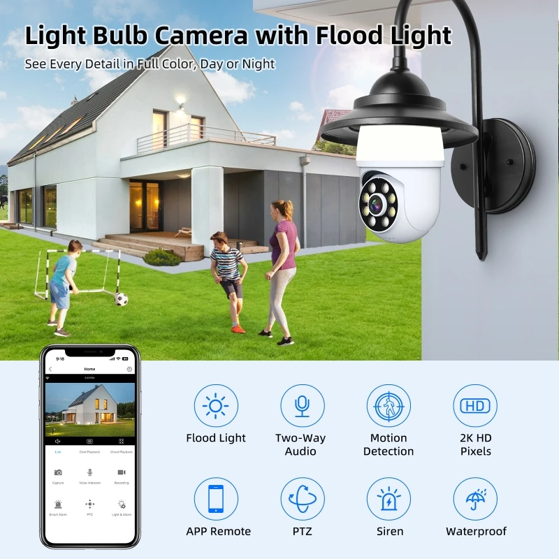 3MP 1296P iCsee APP  Full Color Wireless PTZ IP Dome Camera Wall Lamp Floodlight Wide Angle Home Security Intercom Baby Monitor