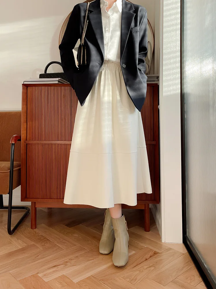Matakawa A-line PU Skirts Women Autumn Winter Korean Fashion Chic Vintage Faldas Mujer Office Lady Elegant Simple Long Skirt