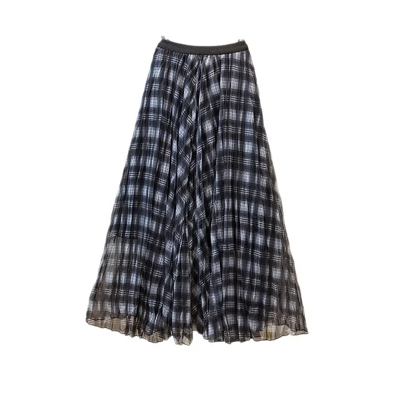 Vintage Plaid High Waist Midi Skirt Women Fall New Pleated Mesh A-line Skirt Retro Checkered Mid-Calf Length Elegant Casual Part