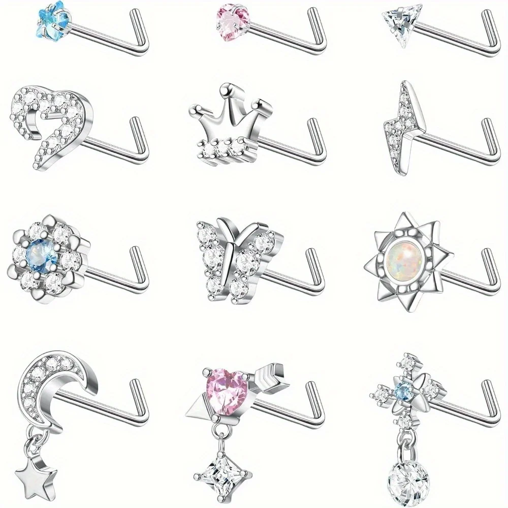 

Drperfect 12Pcs Dangle Nose Rings for Women Stainless Steel Nose Studs L-Shaped Cute Flower Butterfly Sparkled Piercing Jewelry