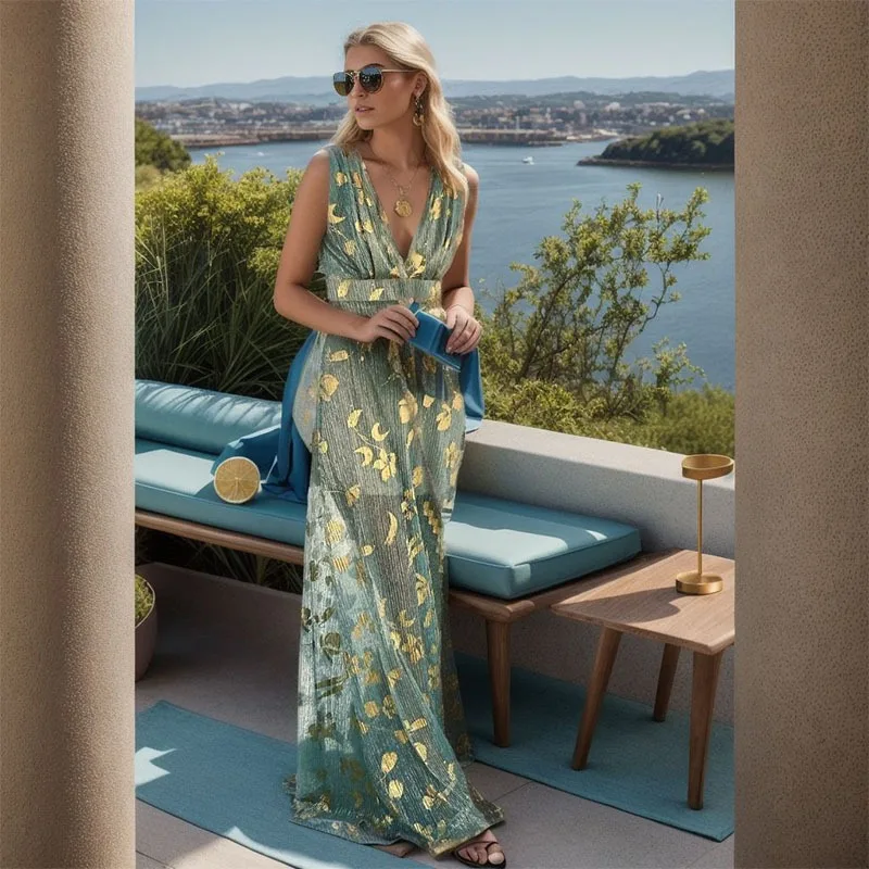 Seidiges Slip-Kleid mit V-Ausschnitt für Damen, Sommer, durchsichtig, geometrischer Druck, A-Linie, Midikleid, elegant, lässig, Strandmode, ärmelloses Sonnenkleid ​