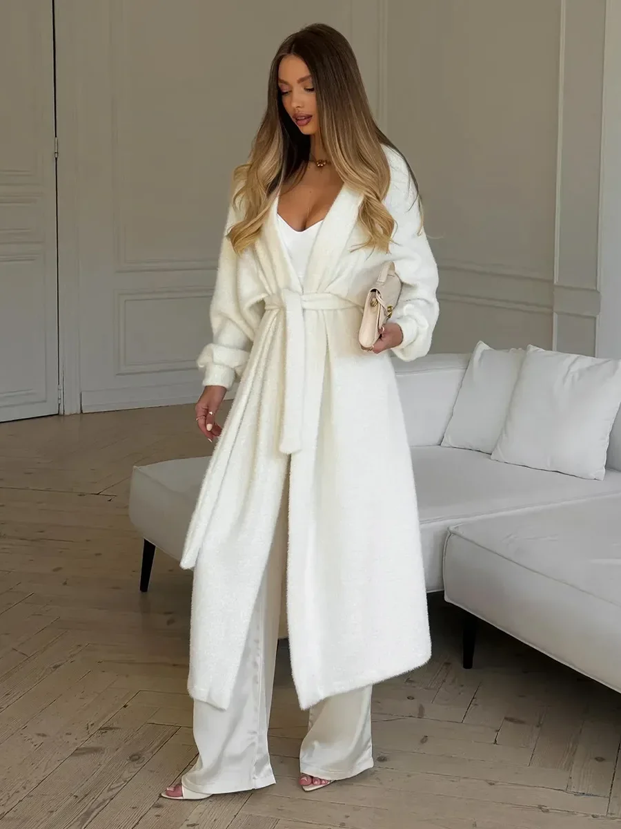 

Women's Belted knitted Sweater Cardigan Lantern Sleeve Extended Length Coat New Autumn Winter