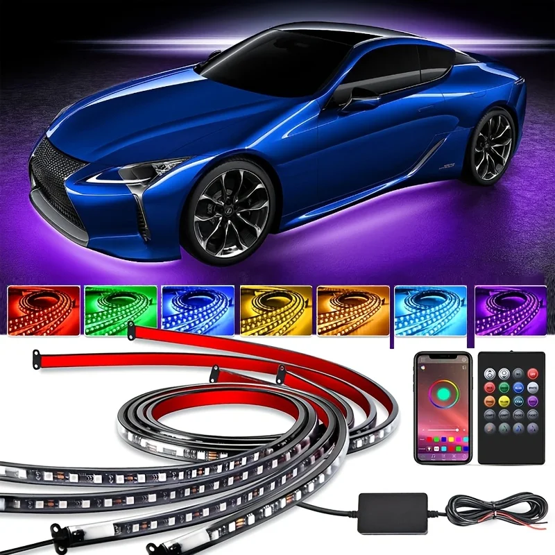 

4pc Car Underglow LED Lights Kit 60x90cm APP Remote Control RGB Neon Accent Light IP68 Waterproof for Car Truck Off Road Vehicle