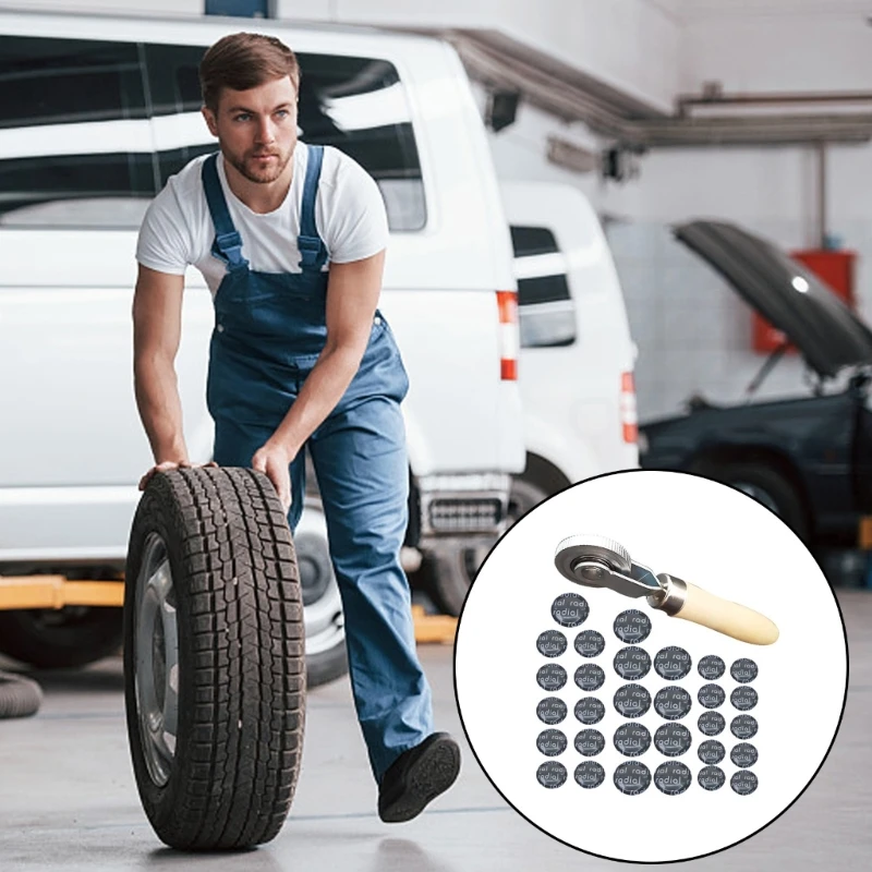 31Pcs Tire Repair with Wooden Handle & Metal Roller for Vehicle Motorcycles