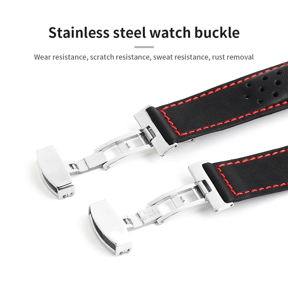 Genuine Leather Black Watchband Breathable Watch Strap Red Stitched 22mm With Stainless Steel Butterfly Buckle Watch Band