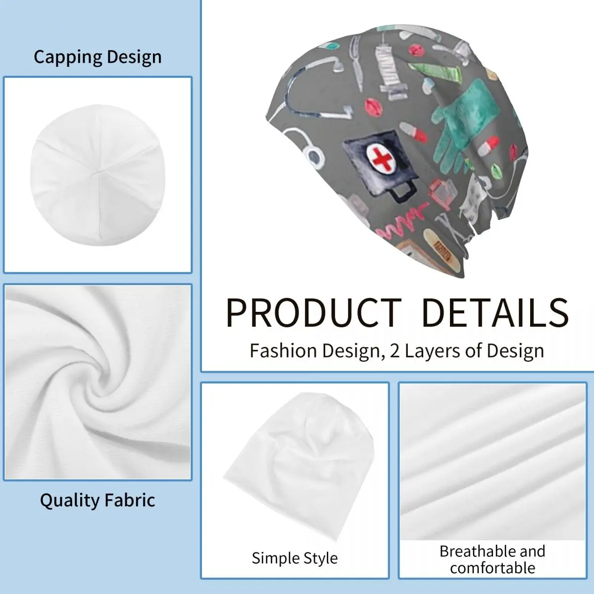 Медицинский узор Доктор Медсестра Акварель Серая текстура Теплая вязаная шапка Модная шапка-капот Осенние уличные шапочки Шапки для взрослых