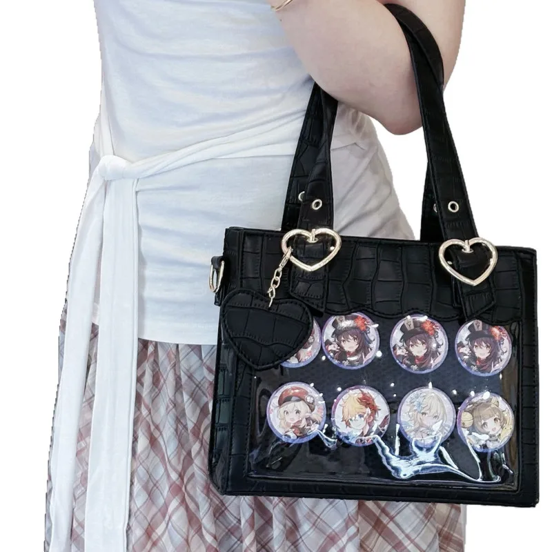 Y2K Japan New Versatile PU Crocodile Pattern Transparent Bar Love Handheld Diagonal Cross Bag Commute Large Appetite Itabag New