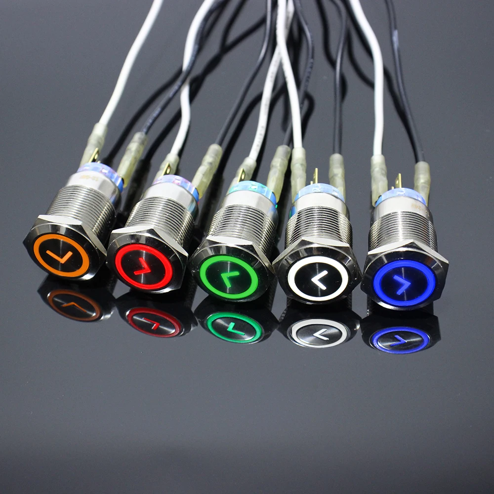 19mm Metal Power L type arrow bMetal Latching Momentary Horn Push Button Switch LED Lighting Car 1NO 1NC 3V 6V 12V 24V 220V