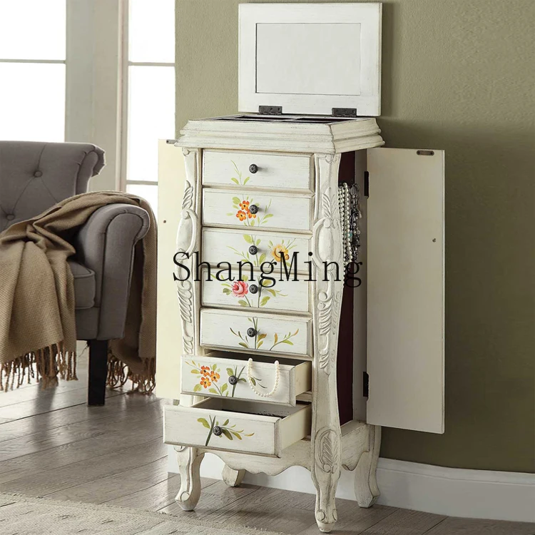 

SM Jewelry Cabinet Vintage Painted Flap with Mirror Two Door Jewelry Bedroom Locker