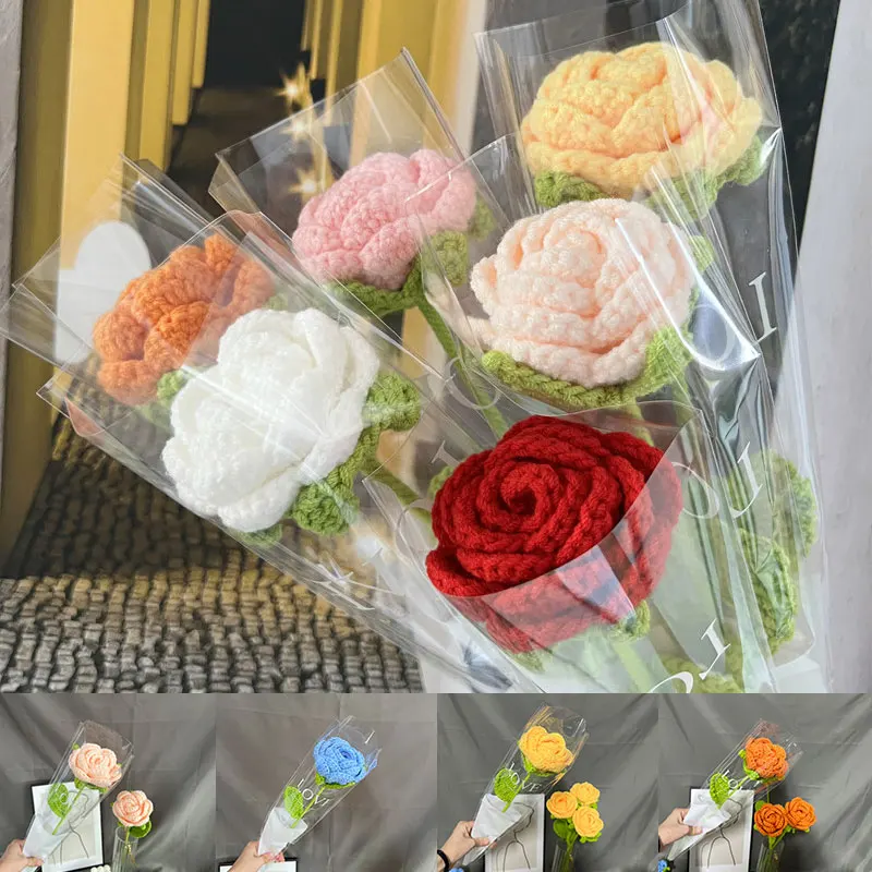 1pc Knitted Flower Rose Tulips Fake Flowers Creative Artificial Bouquet Hand-woven Crochet Home Table Decorate Wedding Accessory