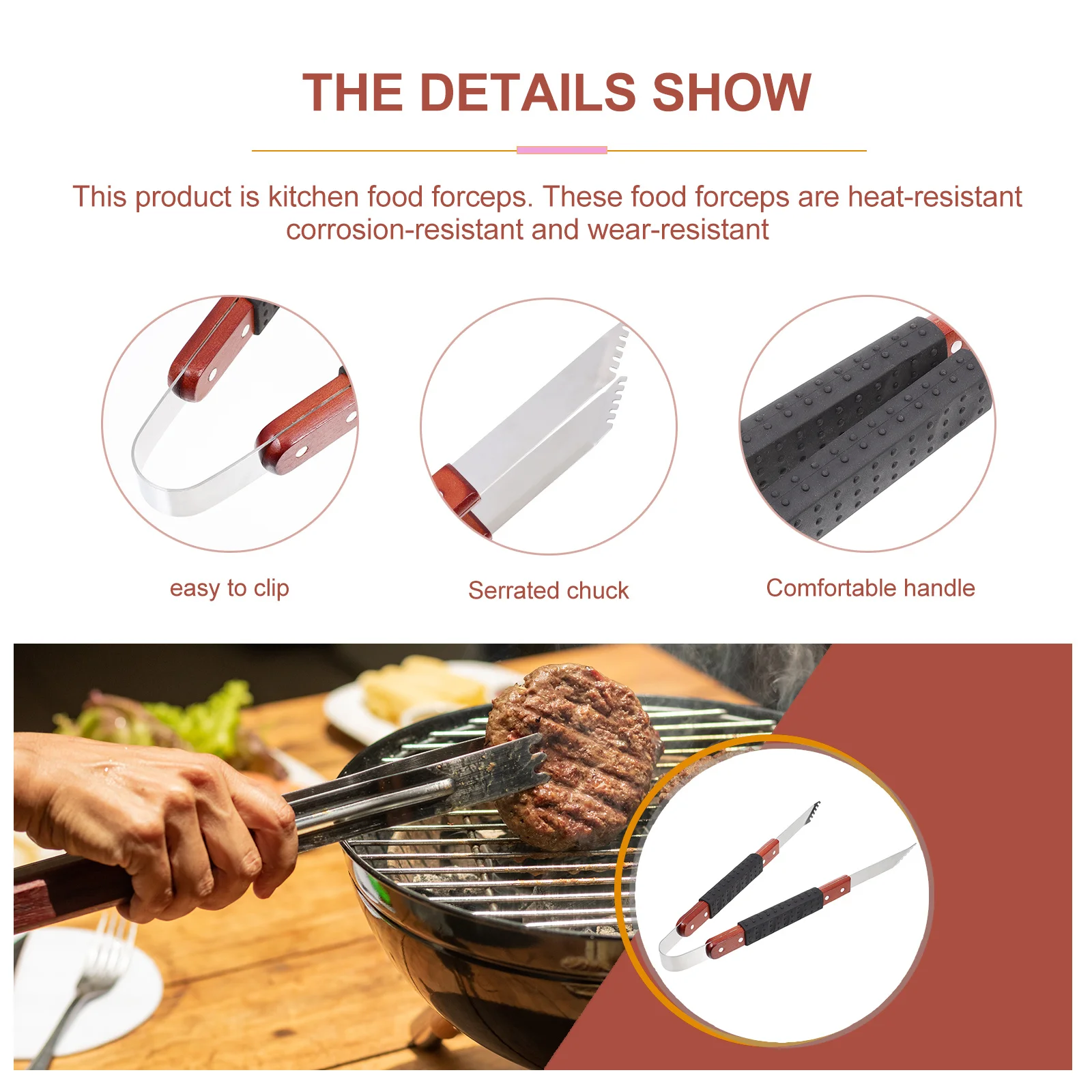 

Wood Handle Grill Tong Heat Resistant Wear Resistant Kitchen Cooking Meat Clip Outdoor Barbecue Steak Bread Clip
