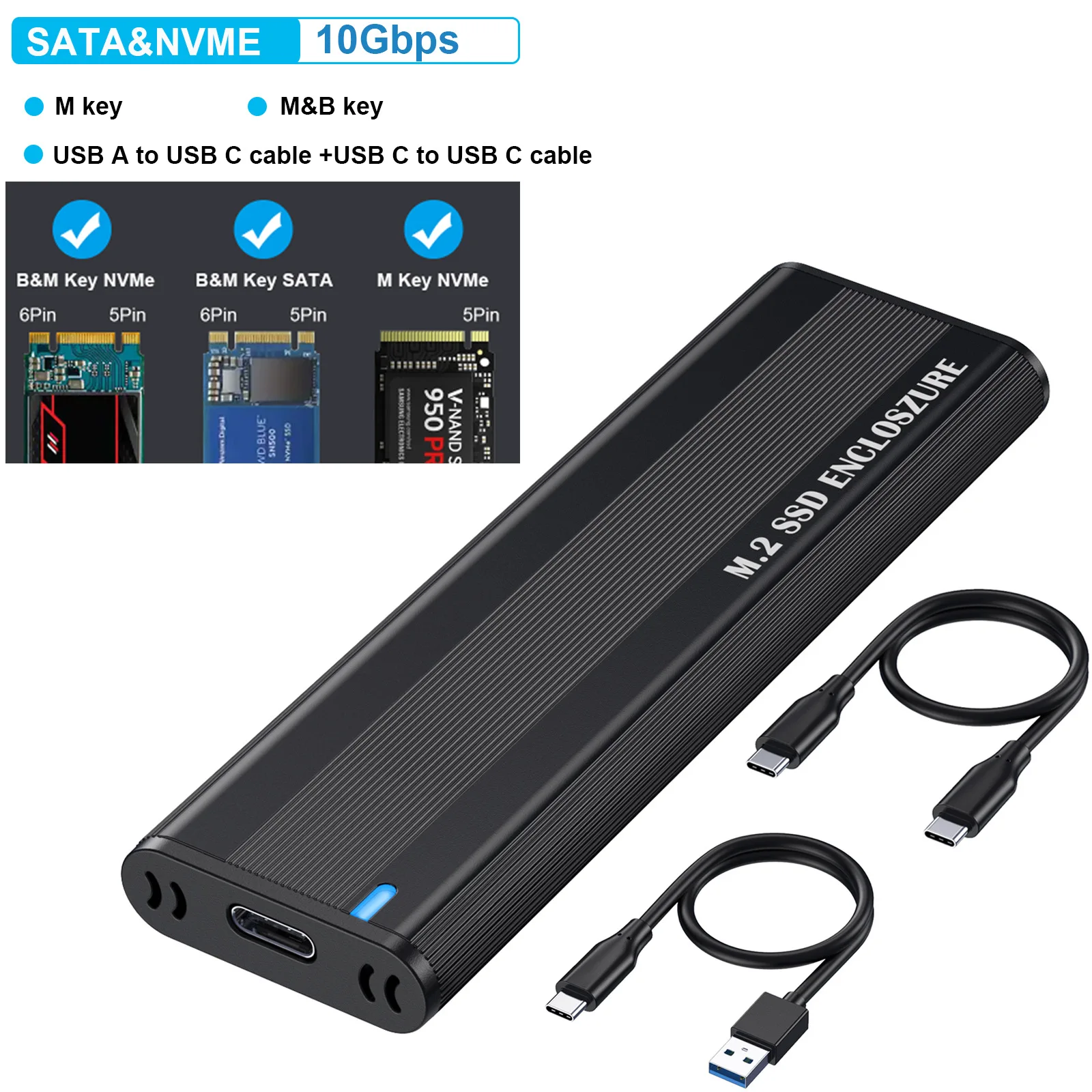 Dual Protocol M.2 NVMe SSD Case 10Gbps External Hard Drive Case Tool Free for 2230/2242/2260/2280 M.2 SSD