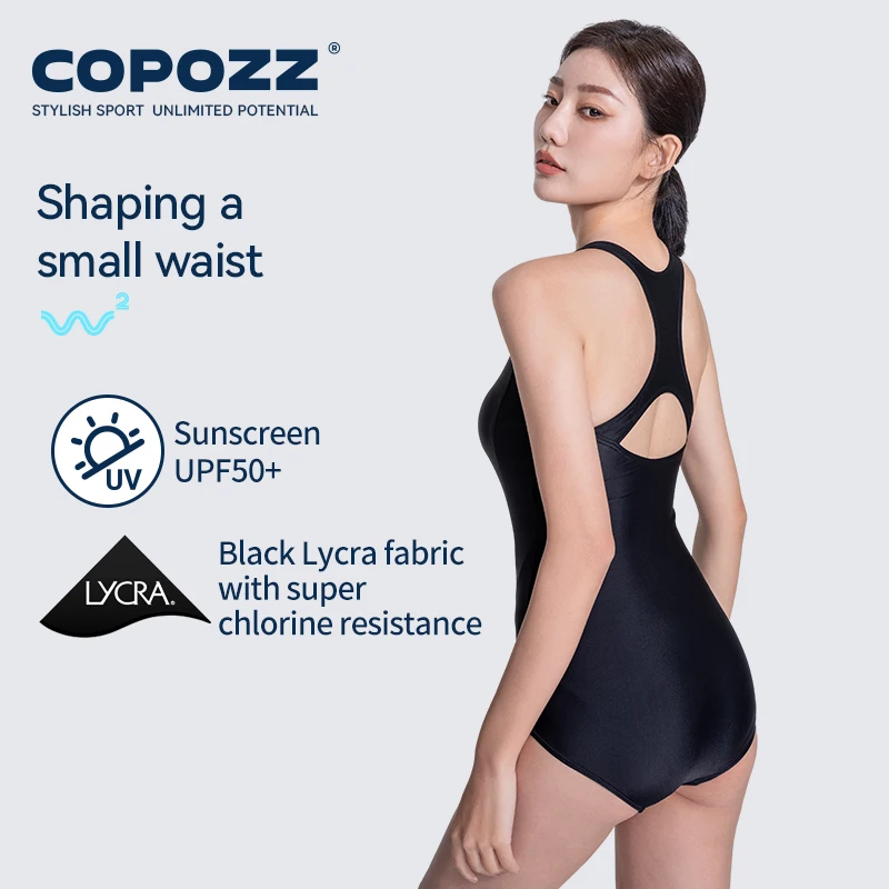 COPOZZ New Woman One-Piece Swimsuit Solid Black Beach Sleeveless V Collar Summer Female Hollow Out Swimming Sport Adult Suits