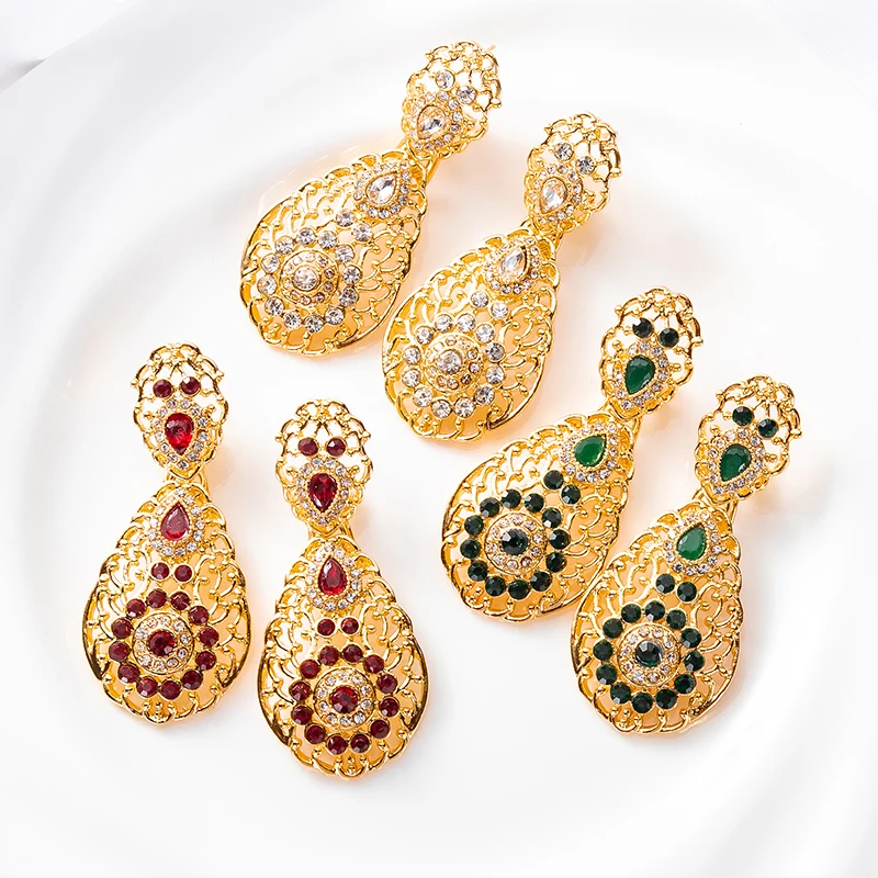 Moroccan Bride Rhinestone Earrings Electroplated Gold Color Ear Clip Luxury Arab Style Crystal Eardrop Jewelry For Women Gift