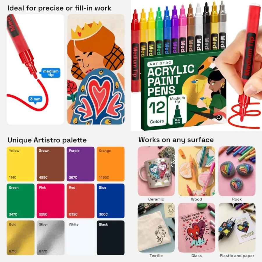 

ARTISTRO 12 Medium Tip Acrylic Paint Markers - Ideal for Fabric Rock Glass and DIY Projects Across All Ages and Skill Levels Pe