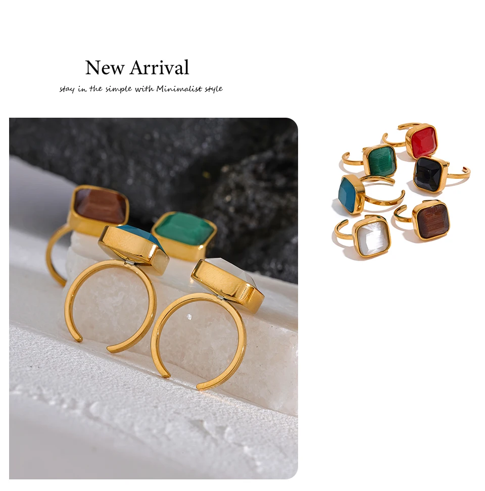 Yhpup Bunter Opal Natürlicher Katzenauge Stein Edelstahl Quadratischer Offener Ring Hochwertiger Rostfrei Goldfarbener Fingerschmuck – Detail 5