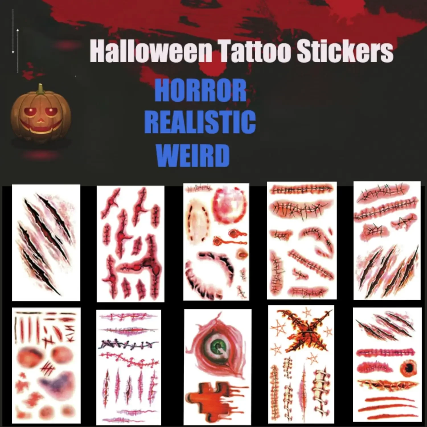 Horror Realistic Fake Bloody Wound Stitch Scar Scab Waterproof Temporary Tattoo Sticker Halloween Masquerade Prank Makeup Props