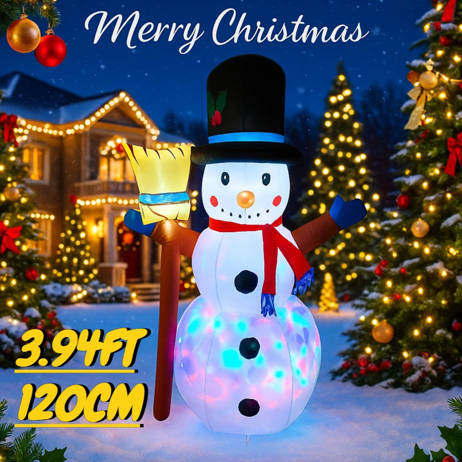 Escoba de muñeco de nieve inflable de 3,94 pies, juguete con luces coloridas, decoración de patio de Navidad, regalo festivo, suministros de Navidad iluminados con LED, adorno para el hogar